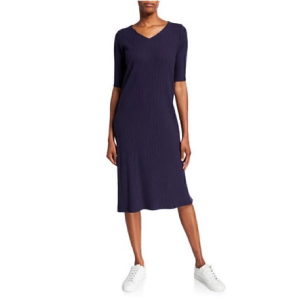 Eileen Fisher V-Neck Elbow-Sleeve Ribbed Midi Dress in Blue NWT Size Medium